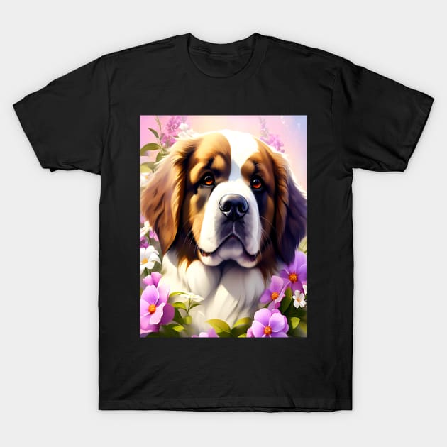 Saint Bernard Dog Surrounded by Beautiful Spring Flowers T-Shirt by BirdsnStuff